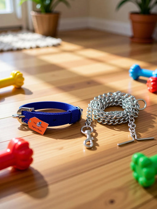 SUPER CHAIN Dog Belt Combo Nylon Collar with Heavy Chain Leash Dog Collar & Leash (Medium, Blue)